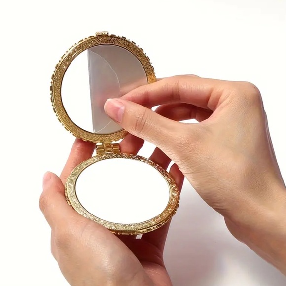 134. NEW| Blue Round Foldable Compact Hand Mirror Floral Vintage Retro Design - Picture 2 of 9